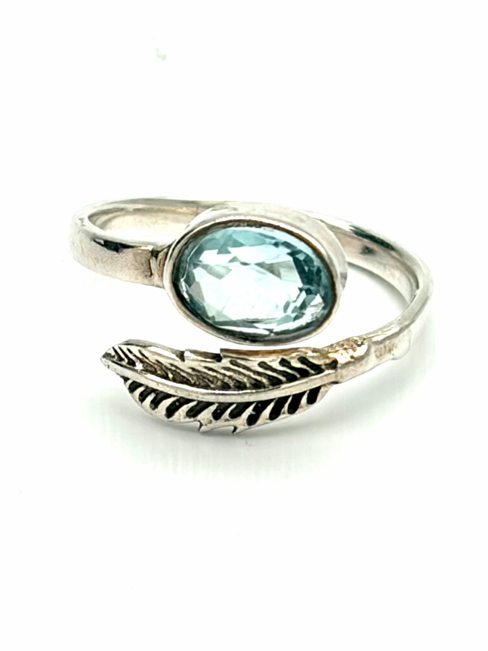 Sterling Silver Feather Sky Blue Topaz Wrap Ring / Bypass Ring Vintage Artisan